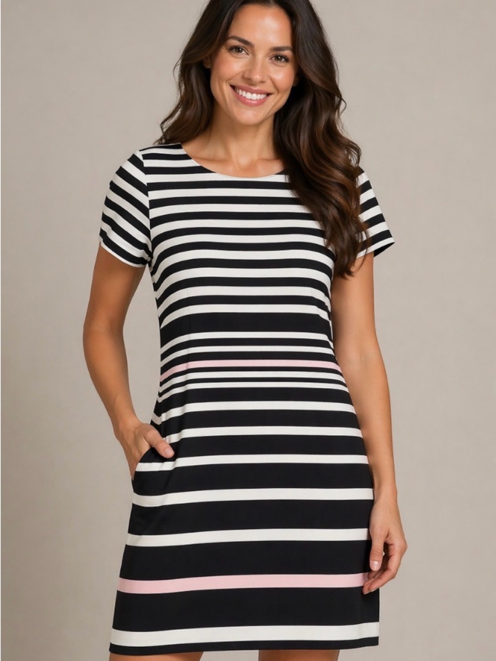 Striped Short-Sleeve Mini Dress in Black, White & Pink